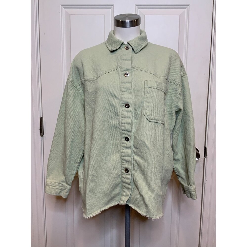 Zara Light Green Textured Button-Up Collared Shirt Shacket, Size L